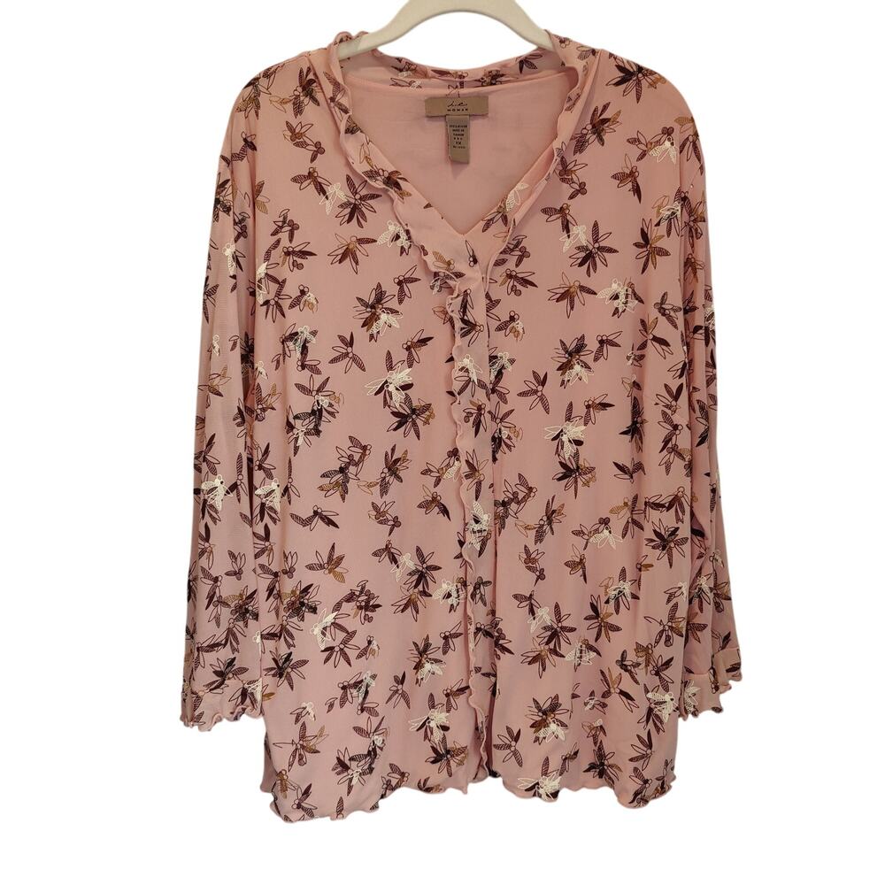 i.e. Woman Plus Sz 1X Pink Mesh Ruffle Trim Top Botanical Print V Neckline
